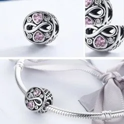 Talisman din argint cu inima cristal roz si semnul infinit