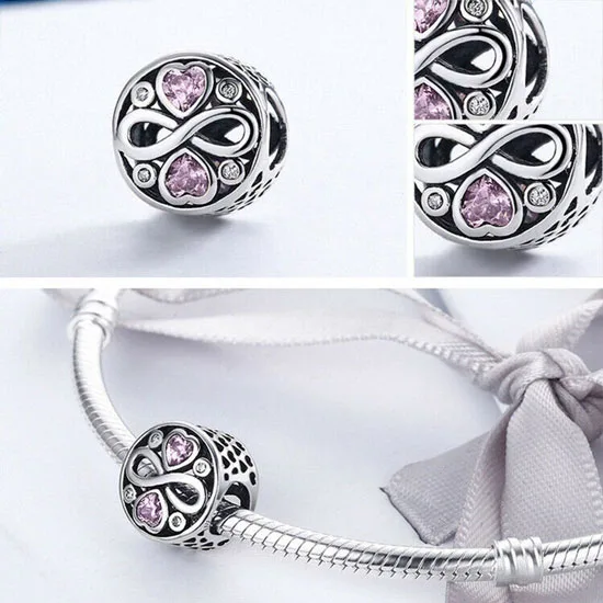 Talisman din argint cu inima cristal roz si semnul infinit
